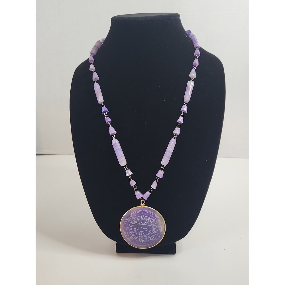 Vtg Mid Century Mexico Purple Agate Aztec Mayan Sun Face Pendant Necklace 25.75"